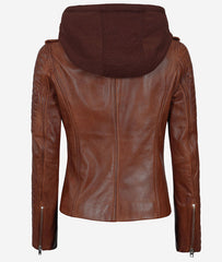 Women Leather Jacket With Hood Cognac