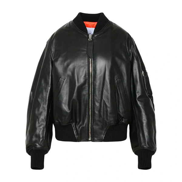 McQueen Leather Bomber Jacket Women, Black
