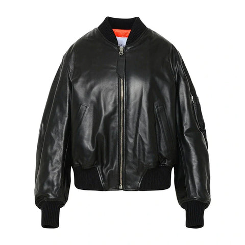 McQueen Leather Bomber Jacket Women, Black