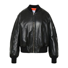 McQueen Leather Bomber Jacket Women, Black