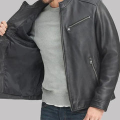 Men's Black Leather Stand-up Collar Jacket