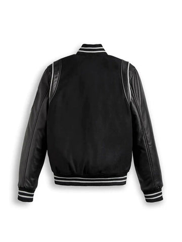 Black Varsity Bomber Leather Jacket With Stripes