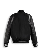 Black Varsity Bomber Leather Jacket With Stripes