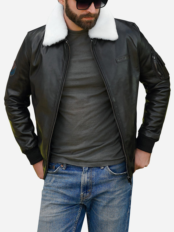 Steven Black Sheepskin Leather Bomber Jacket