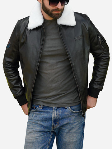Steven Black Sheepskin Leather Bomber Jacket