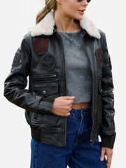 Kinsley Black Leather Flight Bomber Jacket