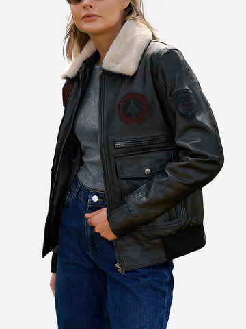 Kinsley Black Leather Flight Bomber Jacket