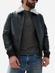 Steven Black Sheepskin Leather Bomber Jacket