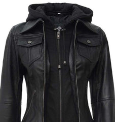 Women Leather Jacket With Hood Burgh