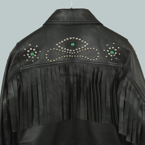 Emilia Cowgirl Green Fringe Leather Jacket