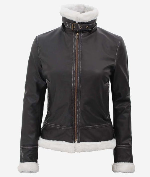 Black Leather Shearling Jacket For Women with Hood