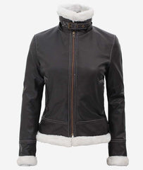 Black Leather Shearling Jacket For Women with Hood