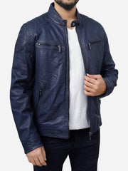 Jasiel Blue Leather Motorcycle Jacket