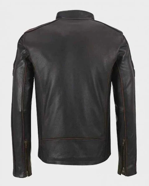 Men's Brown Stripe Café Racer Leather Jacket
