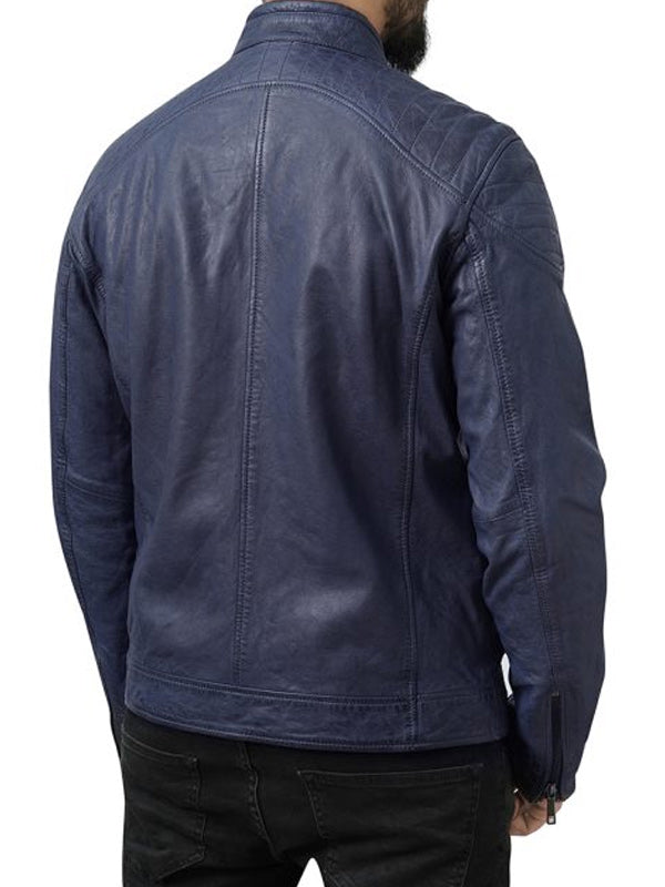 Cafe Racer Style Blue Leather Jacket for Men
