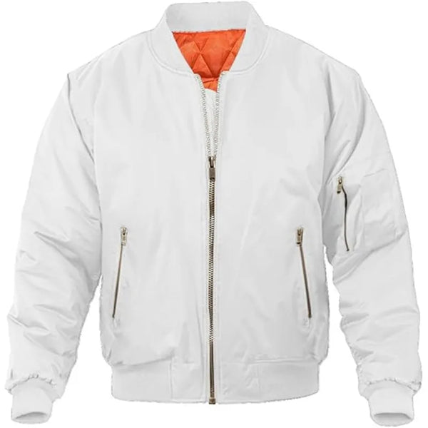 Casual Men's White Leather Bomber Jacket