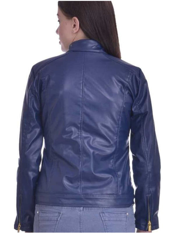 Christy World Solid Women’s Stylish Blue Leather Jacket