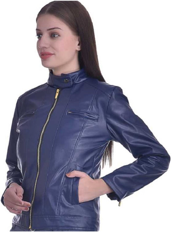 Christy World Solid Women’s Stylish Blue Leather Jacket