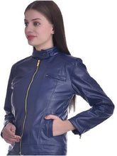 Christy World Solid Women’s Stylish Blue Leather Jacket