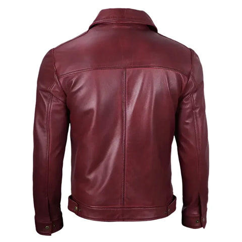 Classic Shirt Collar Maroon Leather Jacket