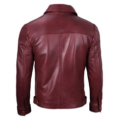 Classic Shirt Collar Maroon Leather Jacket