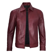 Classic Shirt Collar Maroon Leather Jacket