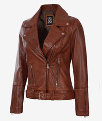 Women's Asymmetrical Cognac Leather Jacket