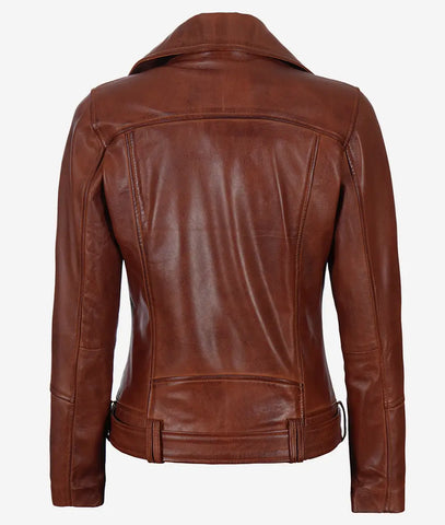 Women's Asymmetrical Cognac Leather Jacket