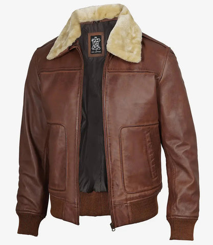 Garrett Fur Collar Cognac Brown Bomber Leather Jacket