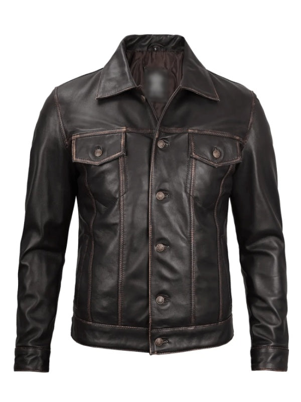 Dark Brown Leather Trucker Jacket