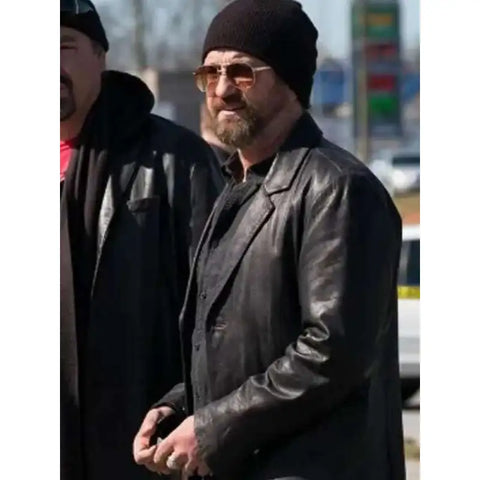 Gerard Butler Den of Thieves 2 Pantera 2025 Black Leather Blazer