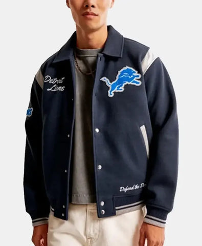 Detroit Lions Flavor Flav Blue Wool Bomber Jacket