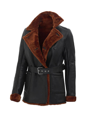 Double Breasted 3/4 Length Shearling Jacket For Women