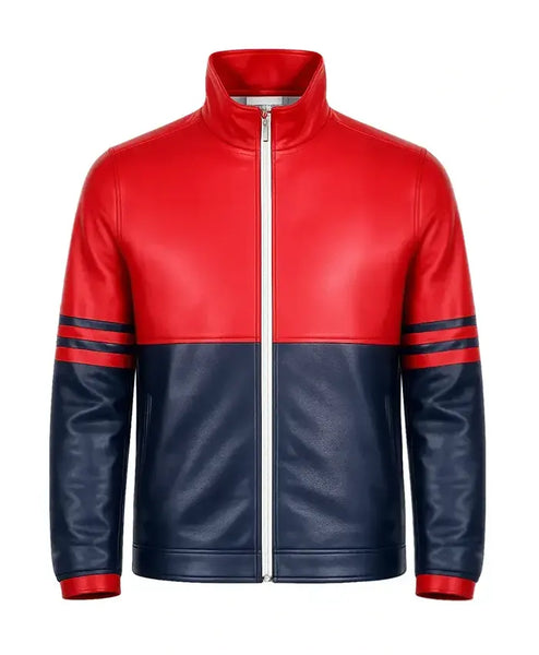 Dual-Tone Red and Navy Blue Leather Jacket