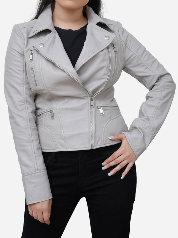 Eliana Grey Leather Motorcycle Jacket