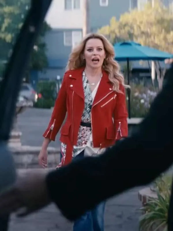 Elizabeth Banks Skincare 2024 Red Leather Jacket