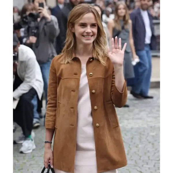 Emma Watson Paris Fashion Week Suede Leather Jacket