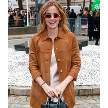 Emma Watson Paris Fashion Week Suede Leather Jacket