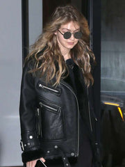 Gigi Hadid Motorcycle Black Shearling Jacket