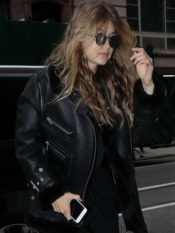Gigi Hadid Motorcycle Black Shearling Jacket