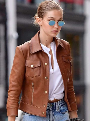NYC Gigi Hadid Brown Moto Leather Jacket