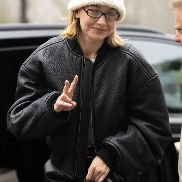 Gigi Hadid Paris Fashion Week Black Bomber Leather Jacket