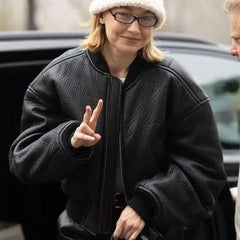 Gigi Hadid Paris Fashion Week Black Bomber Leather Jacket