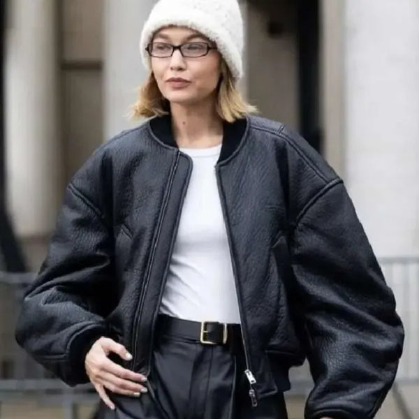 Gigi Hadid Paris Fashion Week Black Bomber Leather Jacket