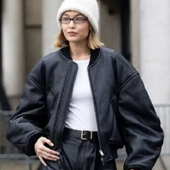 Gigi Hadid Paris Fashion Week Black Bomber Leather Jacket