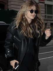 Gigi Hadid Motorcycle Black Shearling Jacket