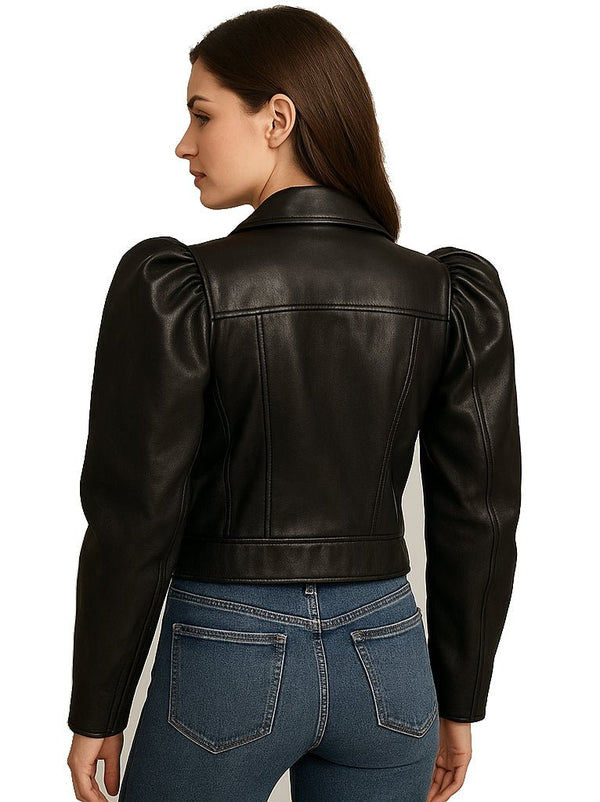 Gigot Sleeve Crop Moto Black Leather Jacket