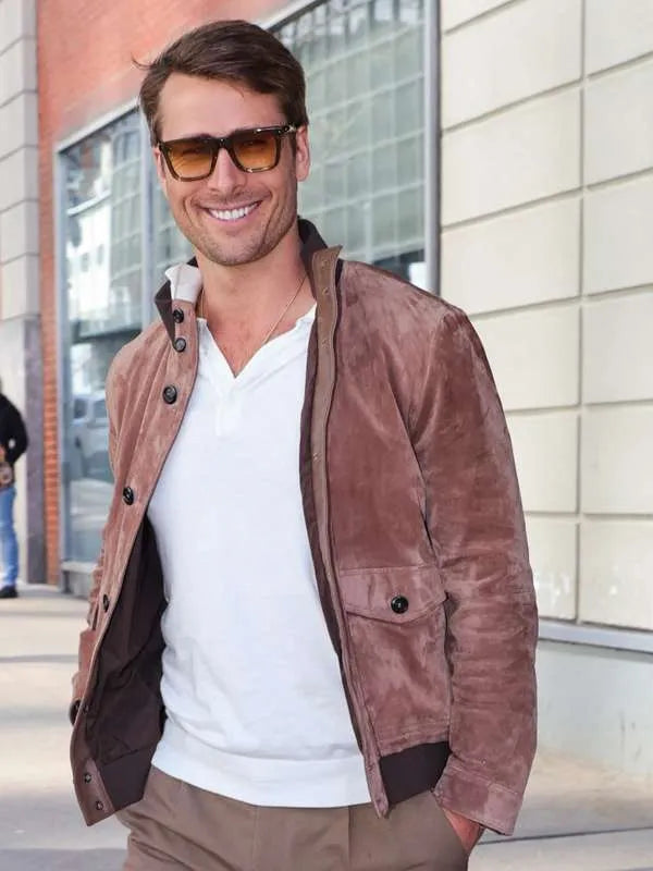Glen Powell’s brown suede jacket on The Drew Barrymore Show
