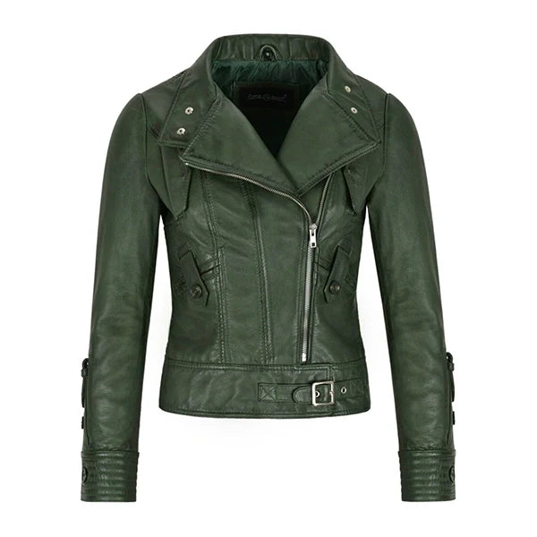 Green Leather Biker Jacket Women's