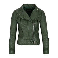 Green Leather Biker Jacket Women's
